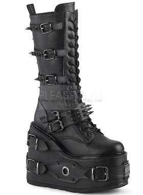 美国Pleaser/Demonia14cm黑色亚光厚底及膝靴尖钉皮带扣拉链女靴