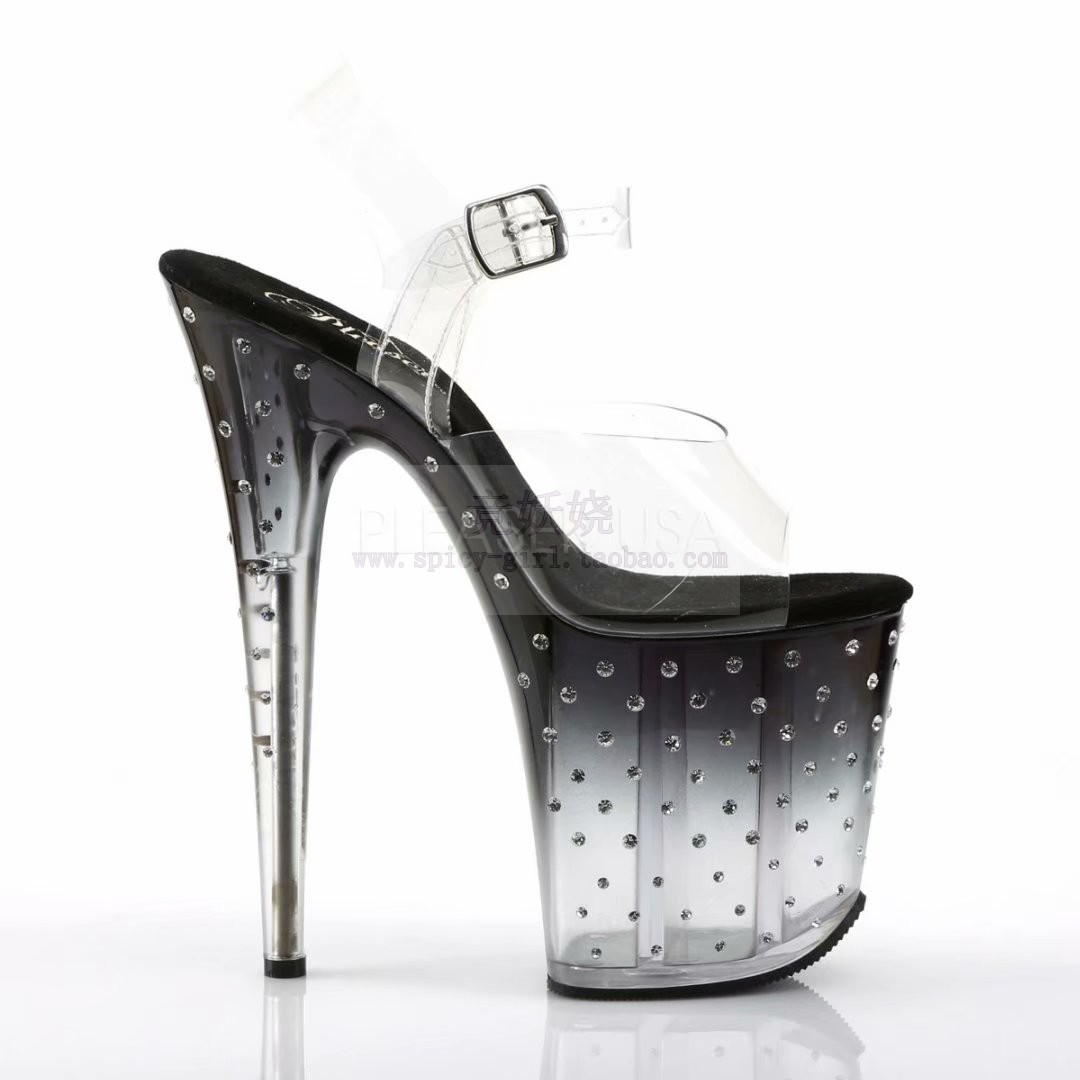 美国Pleaser 20.25cm镶嵌水钻鞋跟厚底防水台超高跟凉鞋透明凉鞋