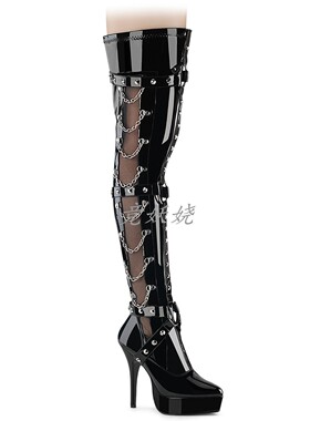 美国代购Pleaser/Devious13.3cm防水台透明网纱侧拉链过膝靴女靴