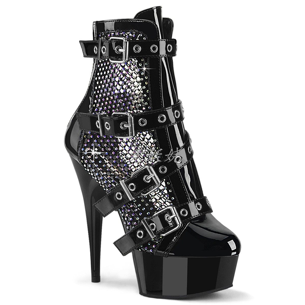 2cm防水台皮带扣水钻网状高跟短靴钢管舞女靴