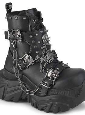 美国代购Pleaser/Demonia8.3cm双骷髅扣带链子侧拉链短筒靴马丁靴