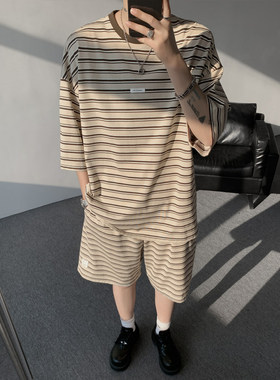 6XL-M条纹短袖t恤男半袖上衣两件套运动短裤休闲套装-特