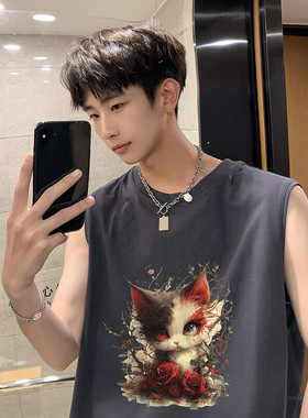 2024新款复古潮流印花无袖男女宽松运动健身美式背心M4131 特p18