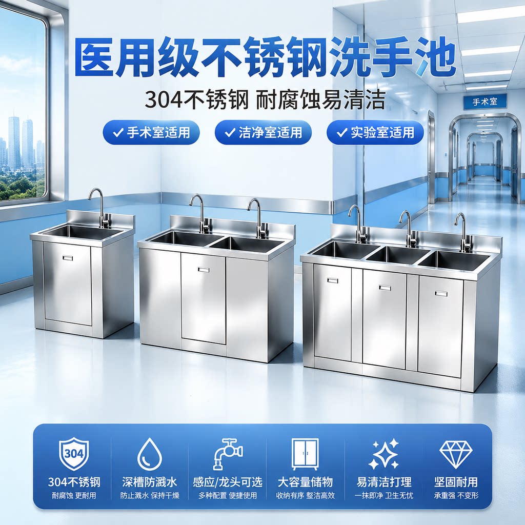 不锈钢医用洗手池单双人多人脚踏水槽/玻缸