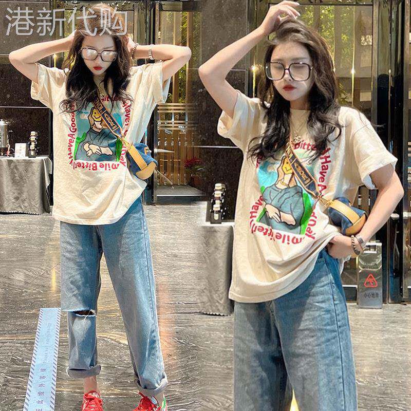 棉质印花短袖T恤女夏季新款欧洲站设计感小众大码半袖圆领体恤ins