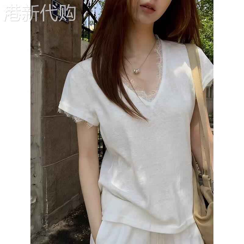白色短袖T恤女夏季薄款2026新款设计感蕾丝拼接V领正肩T恤衫上衣
