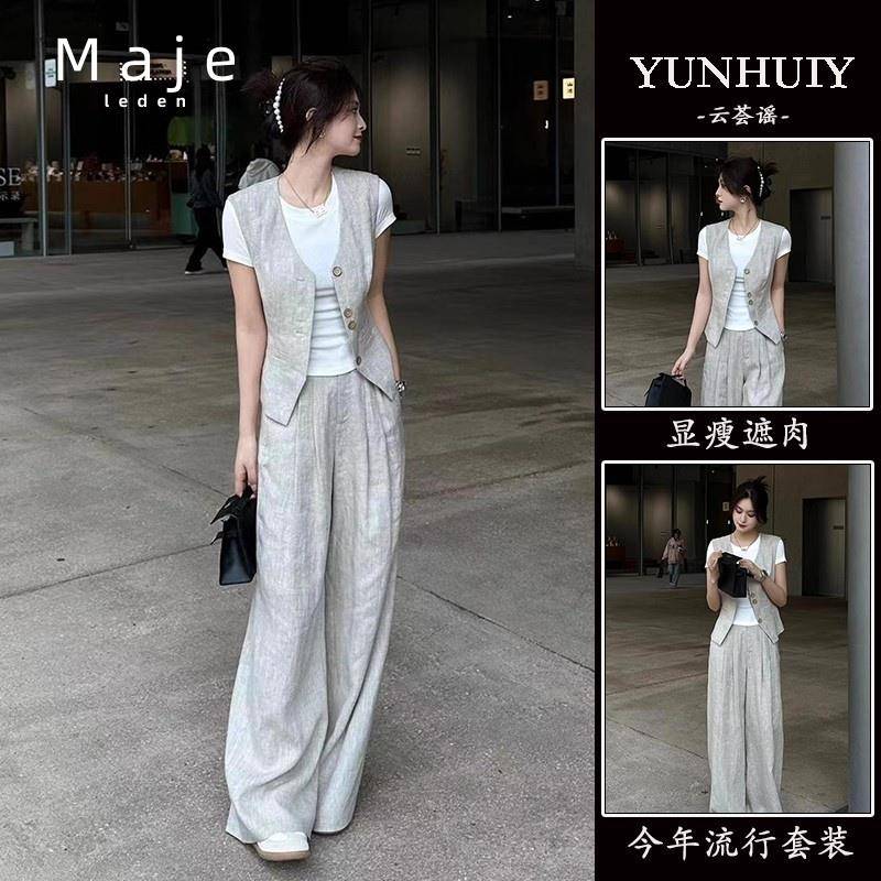 专柜正品2025年夏季女装时尚高级感穿搭三件套马甲阔腿裤休闲套装