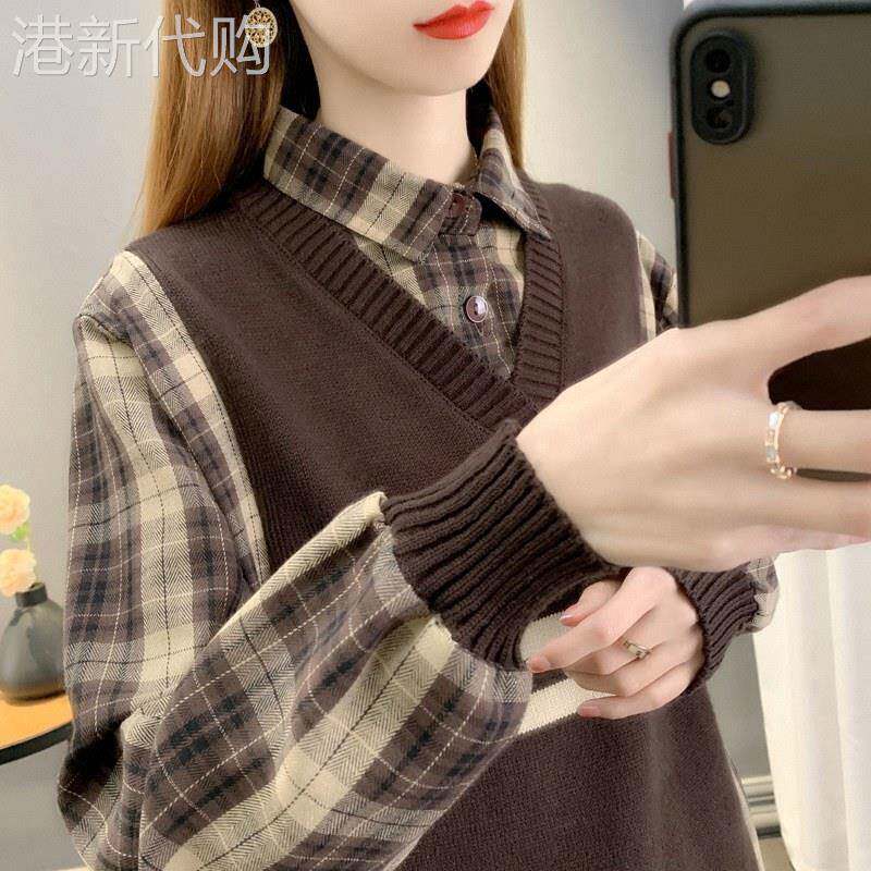 打底衫女内搭秋季欧货小衫格子衬衫假两件拼接加厚马甲针织衫上衣