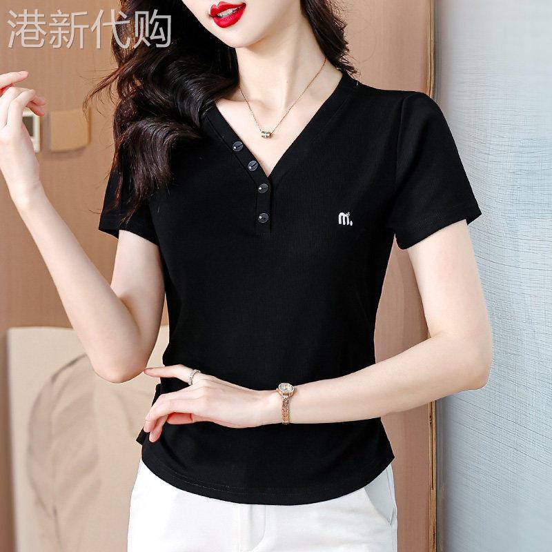 黑色气质短袖t恤女夏季新款薄款V领休闲百搭显瘦百搭时尚短衬衫上