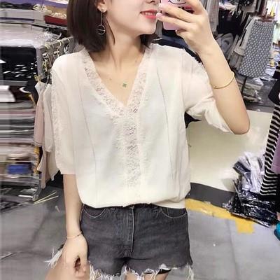 欧洲站2025夏季薄款冰丝针织V领短袖t恤女蕾丝花边洋气上衣打底衫