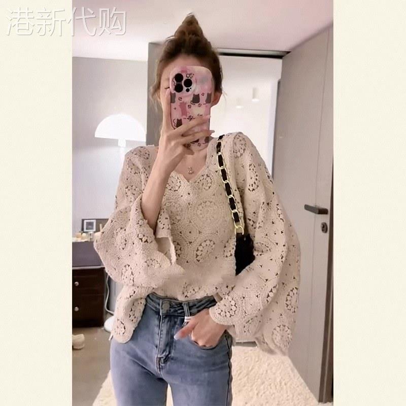 重工镂空钩花蕾丝衫女士春秋欧货法式漂亮小衫V领喇叭袖针织衬衫