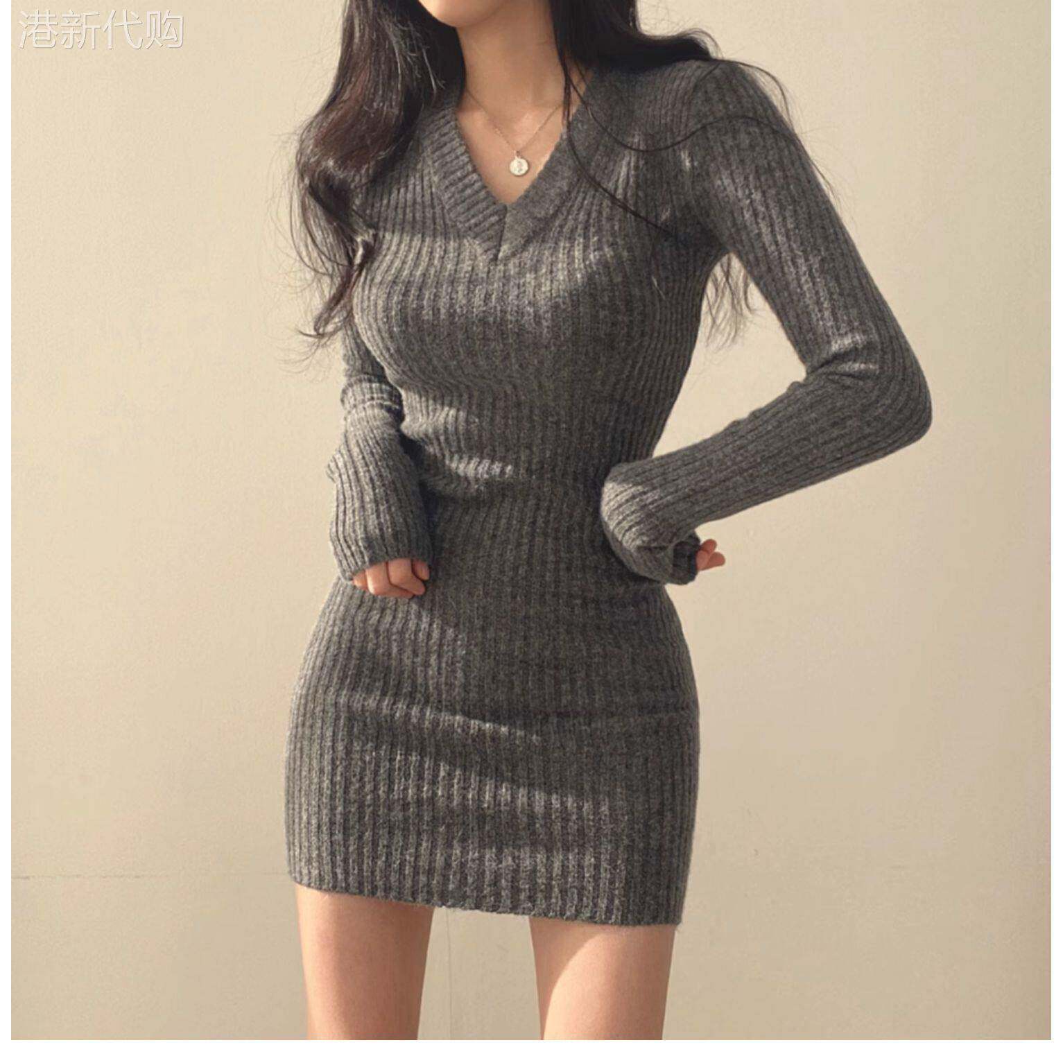 韩国秋冬V领收腰打底针织洋装女内搭保暖紧身毛衣裙显瘦包臀裙