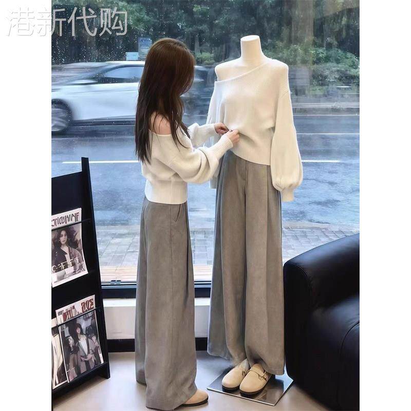白色斜肩毛衣女秋冬法式慵懒风宽松松弛感内搭一字露肩针织衫上衣