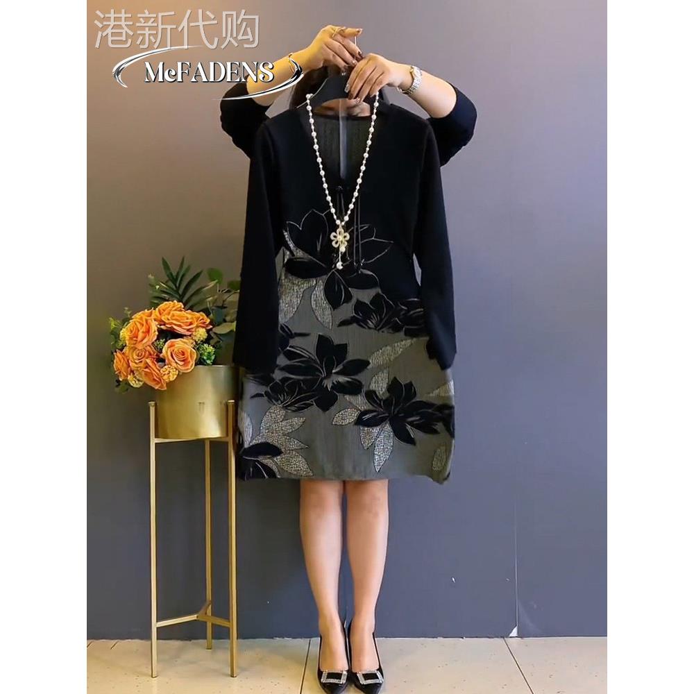 香港欧洲站大码女装新中式国风显瘦V领盘扣胖M拼接提花显瘦连衣裙