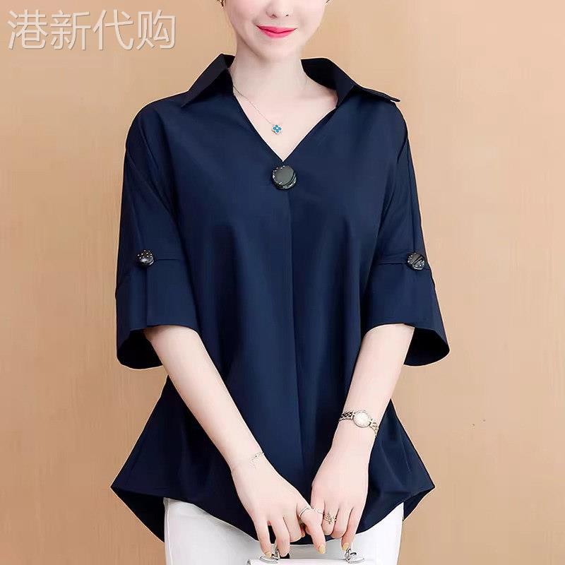 雪纺衬衫女短袖夏季薄款2026新款大码遮肚子显瘦v领洋气小衫上衣