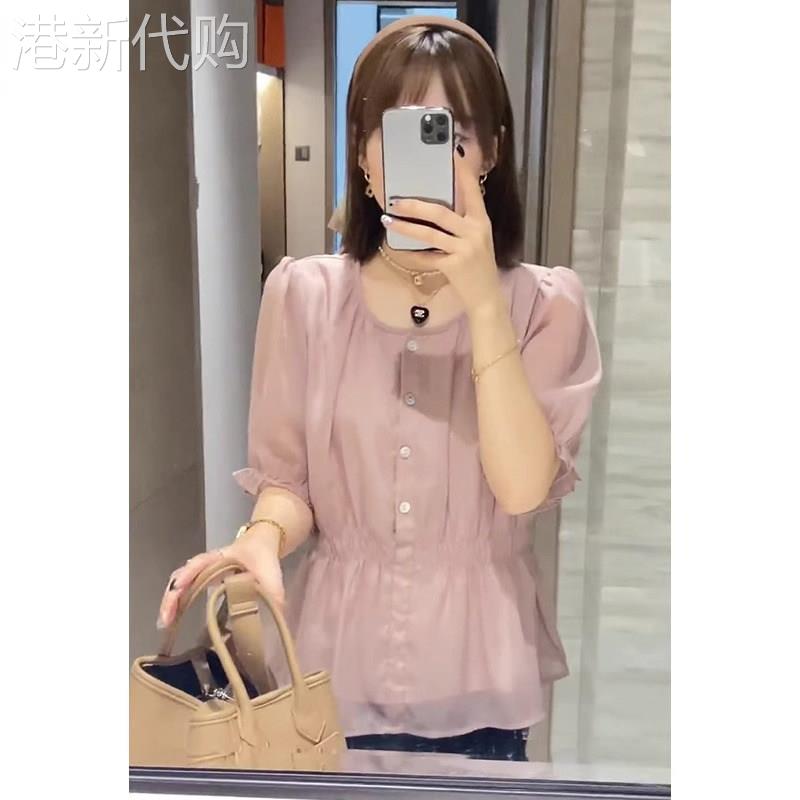 短袖雪纺衬衫女夏季2026新款气质宽松收腰设计感小众泡泡袖上衣潮