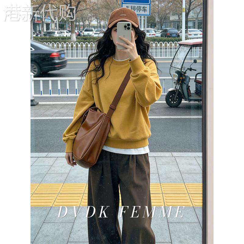 姜黄色圆领长袖卫衣女春秋新款宽松显瘦慵懒风设计感百搭休闲上衣