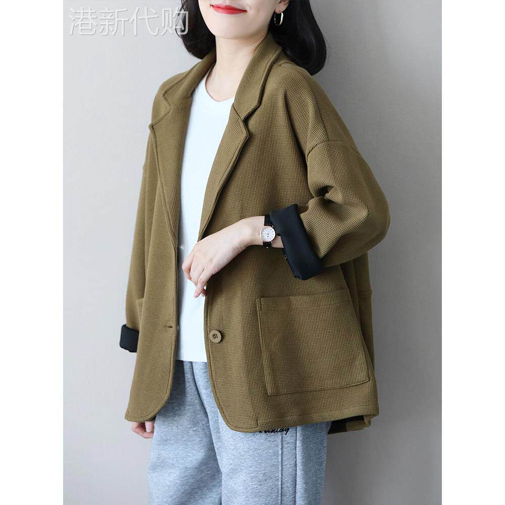 文艺华夫格短款长袖外套女春秋季2025年新款宽松休闲西装领上衣女
