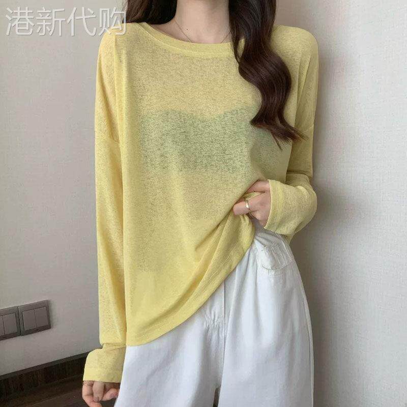 冰丝防晒长袖T恤女夏季欧货宽松空调衫圆领上衣薄款透气网纱罩衫