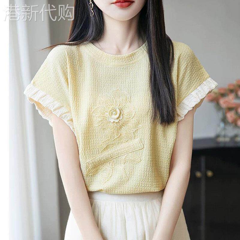 黄色立体花朵短袖t恤女夏季2026欧货设计感独特别致宽松显瘦上衣