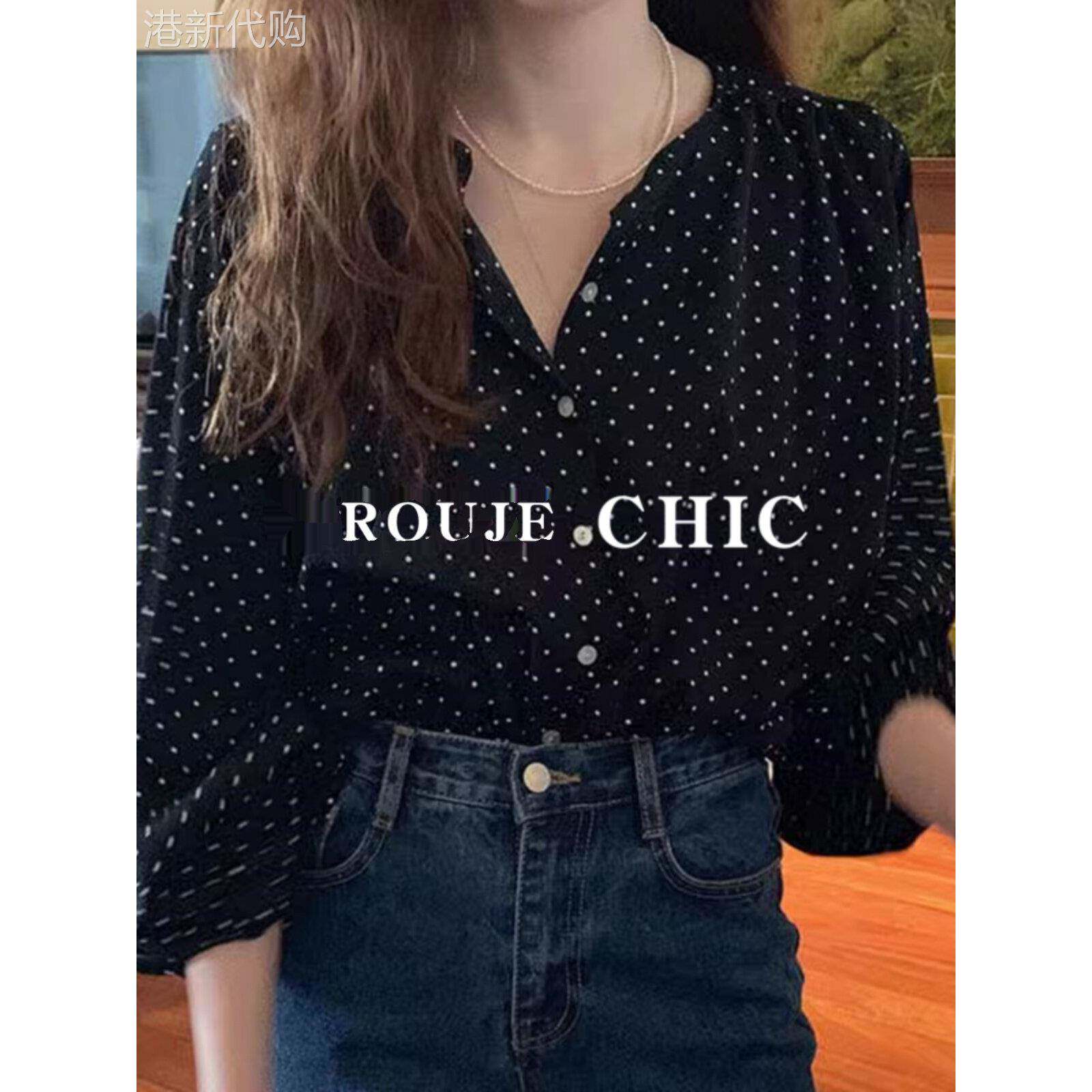 法国Rouje Chic覆古洋气圆领单排扣衬衣宽松百搭灯笼袖波点衬衫女