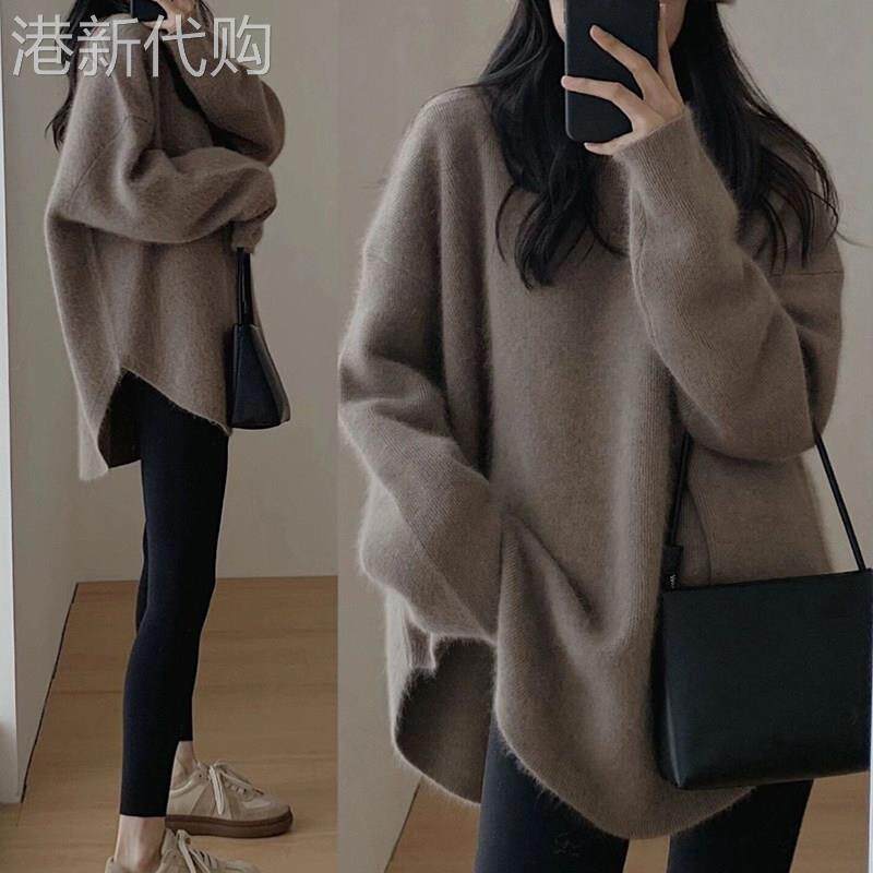仿浣熊绒毛衣女秋冬中长款日系慵懒复古风开叉套头加厚外穿针织衫