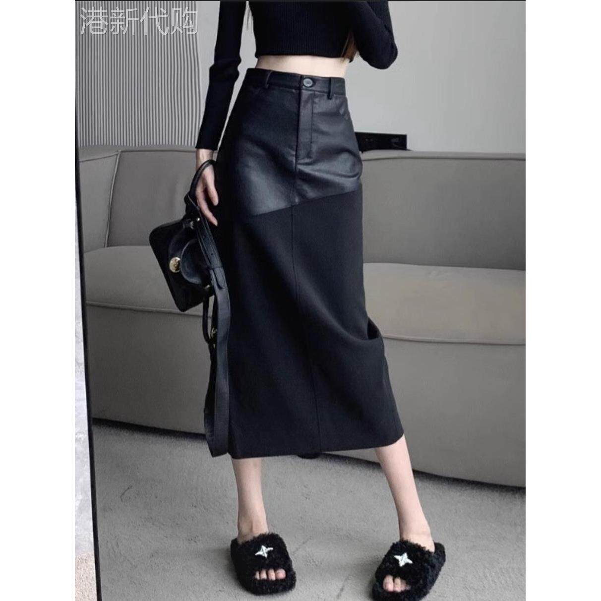 黑色半身裙女2025新款春秋a字高腰拼接设计感气质休闲中长款裙子
