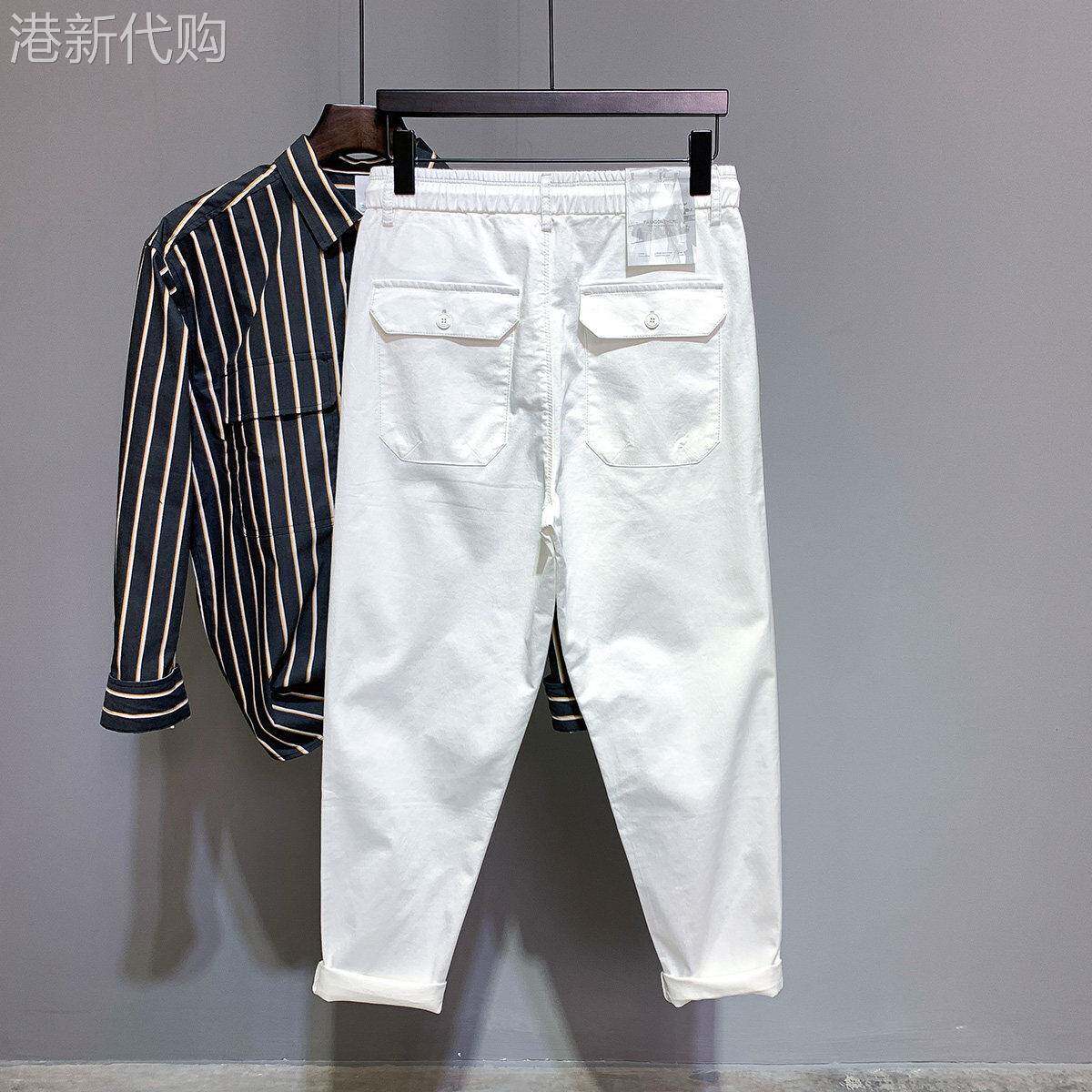 裤子男士夏季潮牌宽松直筒白色休闲九分裤松紧腰弹力百搭工装长裤
