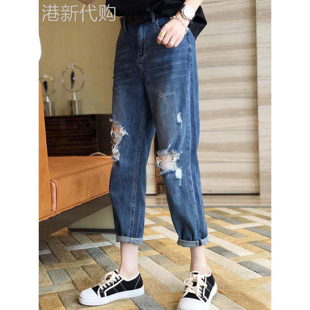 蓝色破洞牛仔裤女夏季薄款2026新款高腰显瘦小个子九分哈伦罗卜裤