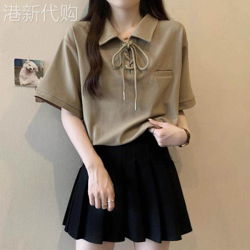 系带Polo领短袖T恤女夏装大码打底衫胖mm显瘦设计感短款抽绳上衣