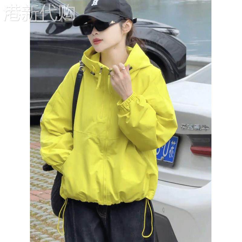 双拉链连帽小个子短款外套女春秋欧货宽松显瘦下摆抽绳冲锋衣上衣