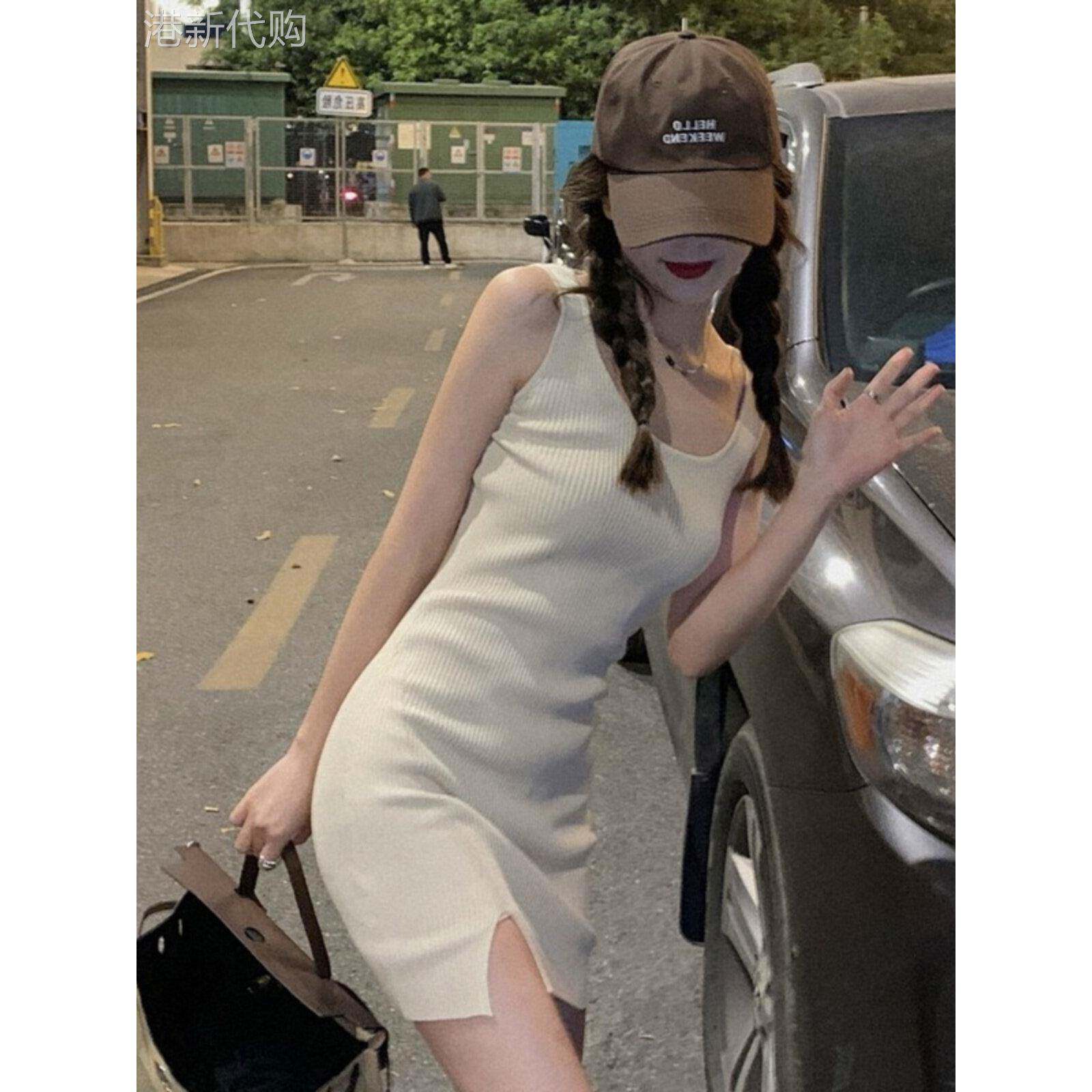 吊带连衣裙女春秋欧货高级针织打底裙收腰小个子内搭开叉包臀短裙