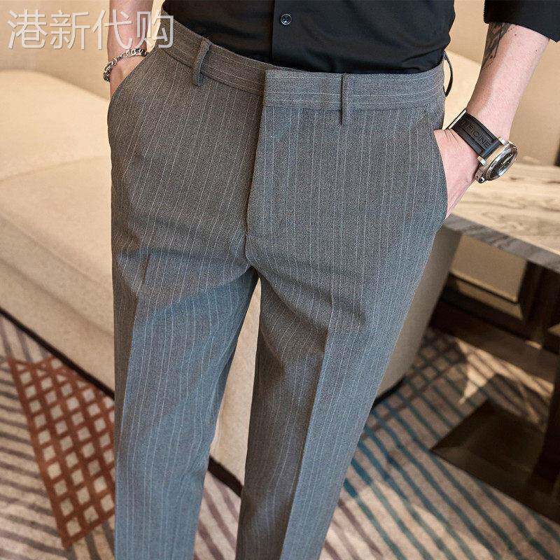 LL男装休闲西裤男春秋款韩版条纹修身九分裤帅气英伦小脚显瘦长裤