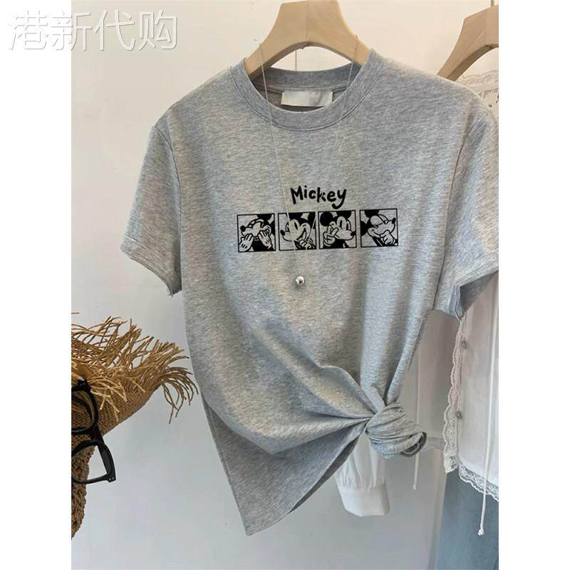 灰色正肩短袖t恤女2026新款夏季大尺码宽松显瘦印花纯棉T恤上衣潮