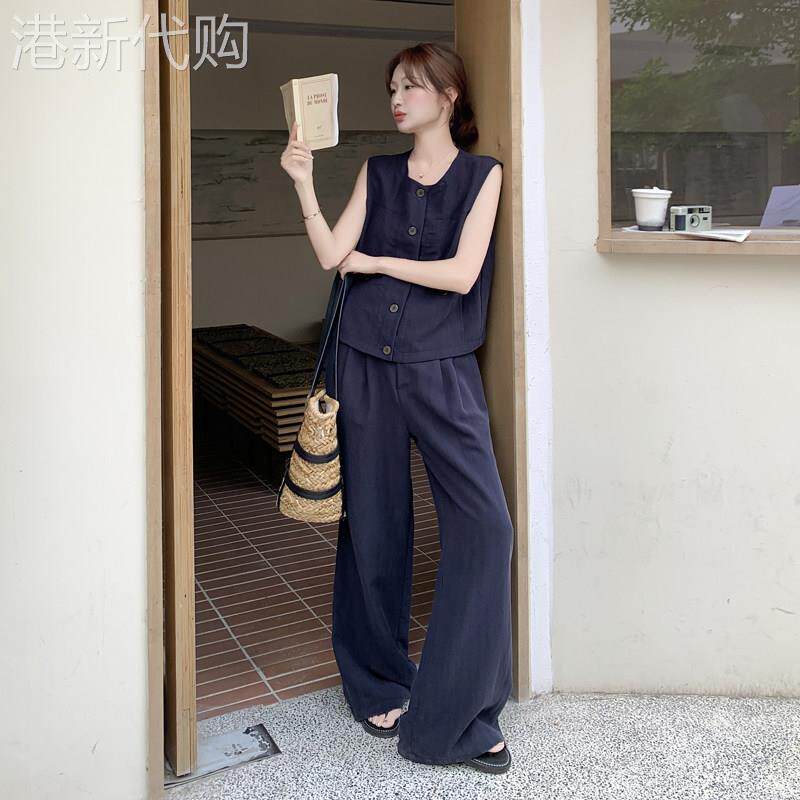 复古老钱风穿搭亚麻套装女2026夏季新款气质无袖外搭背心阔腿裤两