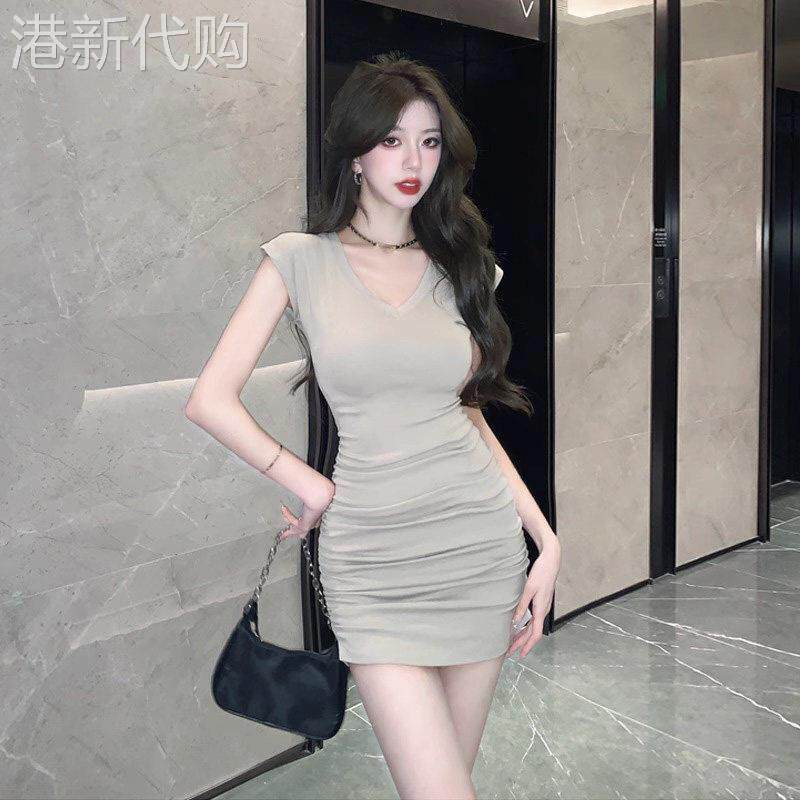 纯欲风V领短袖T恤洋装女夏季性感收腰修身显瘦褶皱辣妹包臀短裙