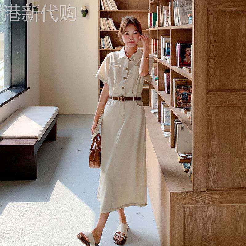 米白色复古工装洋装女夏季2025新款薄款气质大方得体显瘦中长裙