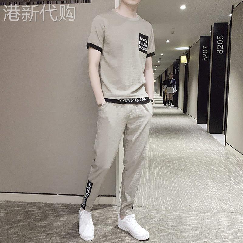 运动服套装男款冰丝夏季薄款潮流痞帅短袖t恤卫裤男士两件套夏装