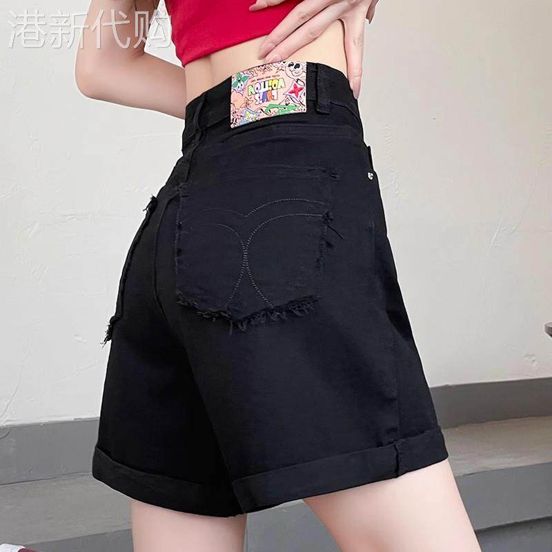 黑色卷边五分牛仔短裤女2026夏季薄款小个子a字弹力阔腿四分裤子