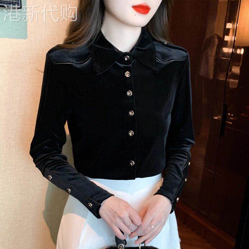 金色天鹅绒上衣女式高贵西式衬衫女式长袖秋冬2025新款黑色底裤上