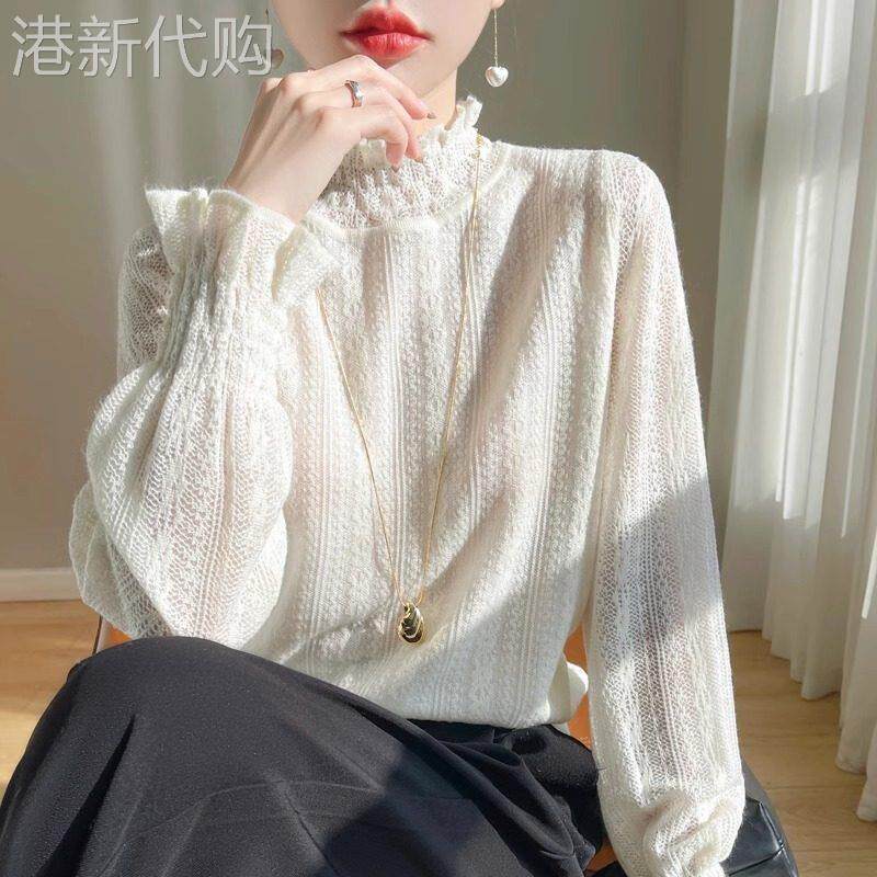 法式半高领蕾丝打底衫女士2025夏季新款木耳边花苞袖大尺码显瘦上
