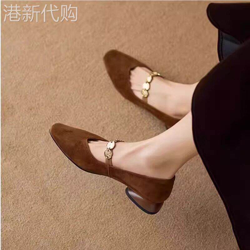 软羊皮方头玛丽珍鞋女2026年新款春夏金币链粗跟舒适百搭低跟单鞋