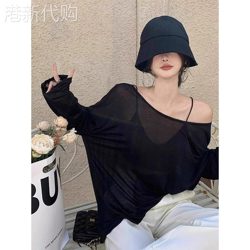 黑色露肩长袖T恤女夏季欧洲站新款斜肩宽松防晒空调百搭罩衫上衣