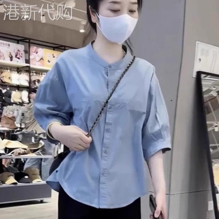 蓝色衬衫女短袖夏季薄款2026新款宽松大码设计感休闲女士衬衣上衣
