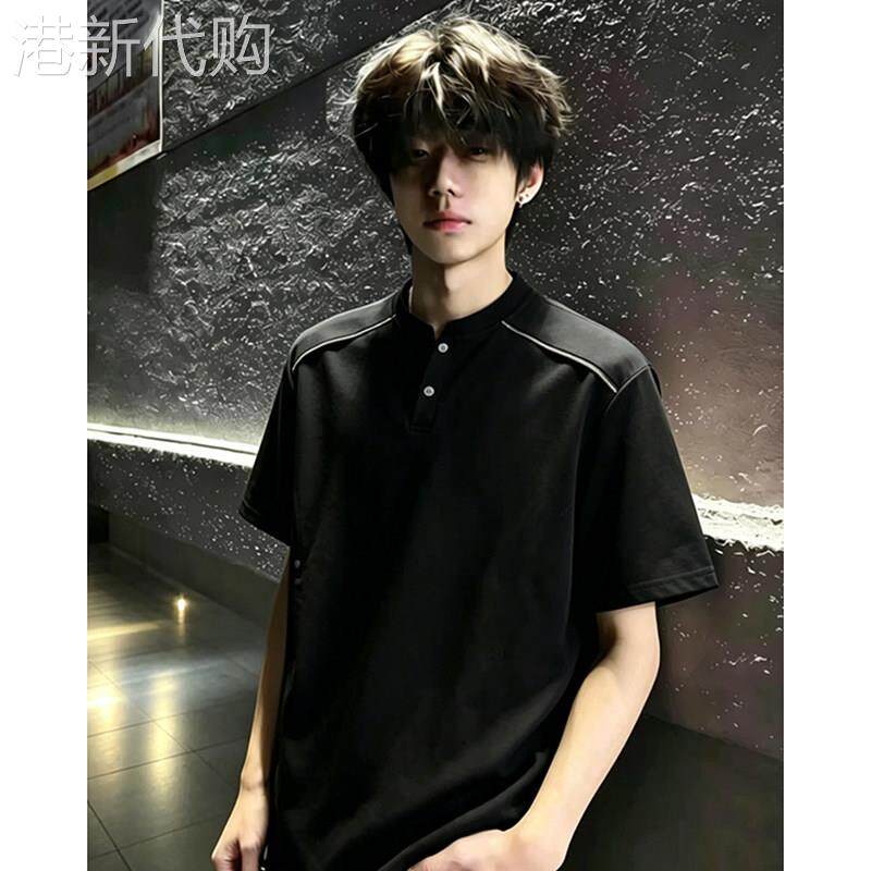 LL男装黑色亨利领短袖polo衫男夏boxy拼接解构重磅正肩半截袖T恤