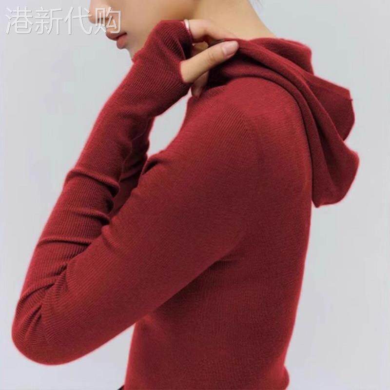 复古红色连帽长袖针织女秋冬新款欧货酒红色修身显瘦打底衫毛衣潮