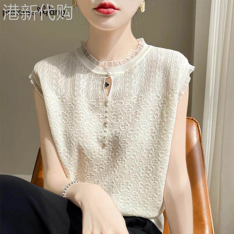 无袖钉珠蕾丝针织背心女夏季2026新款镂空短袖T恤女坎肩气质上衣