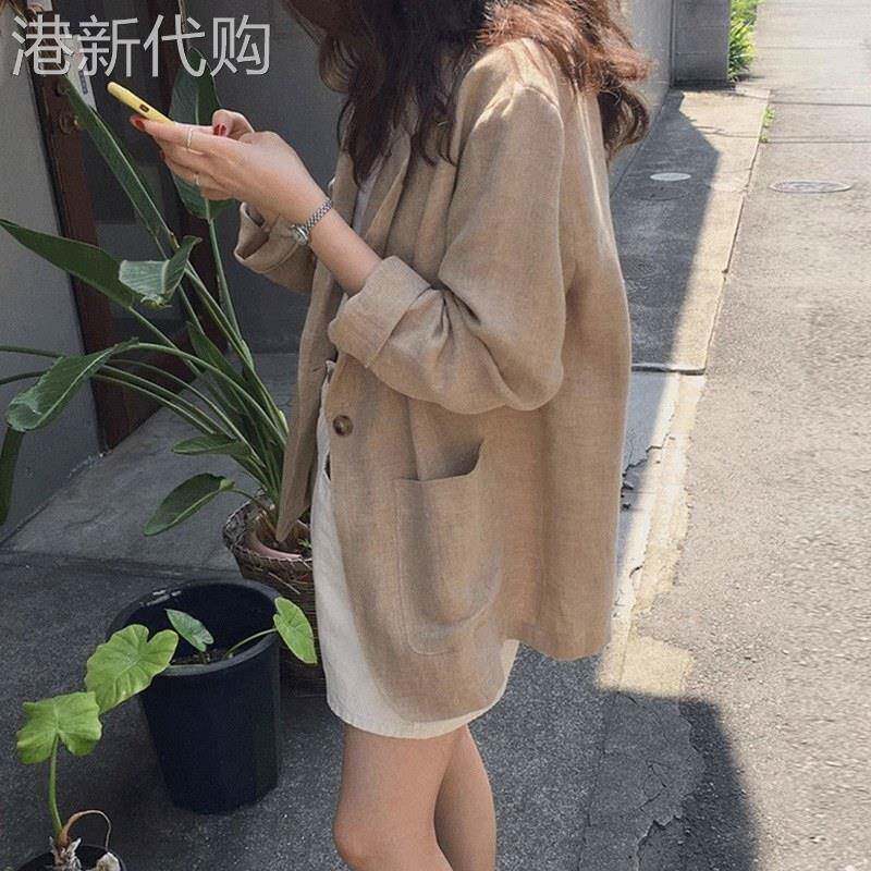 棉麻小西装外套女春秋欧货亚麻薄款西服中长款英伦风复古上衣大码