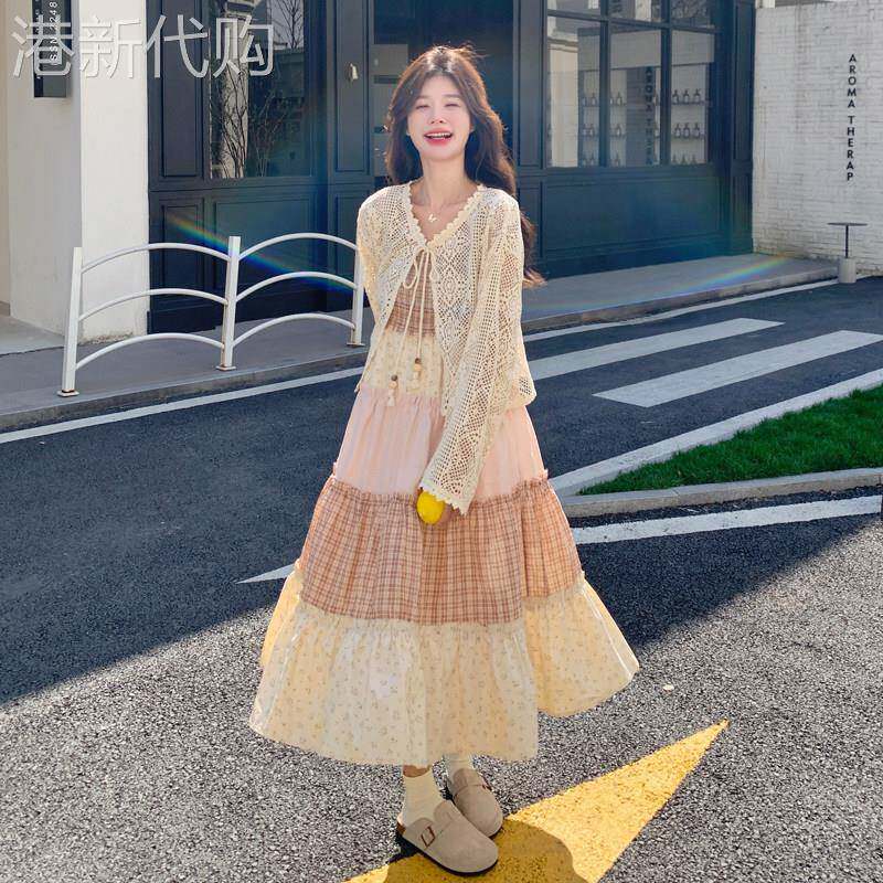 森系格子拼接吊带连衣裙2026春夏新款独特漂亮甜美长裙开衫两件套