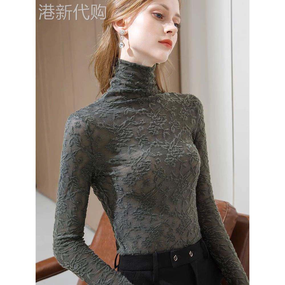 蕾丝高领打底衫女春秋季2025新款高级感修身显瘦内搭长袖t恤上衣